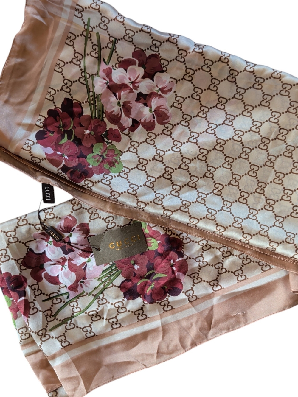 Gucci-Style Floral Silk Scarf in Pink, Brown, Green